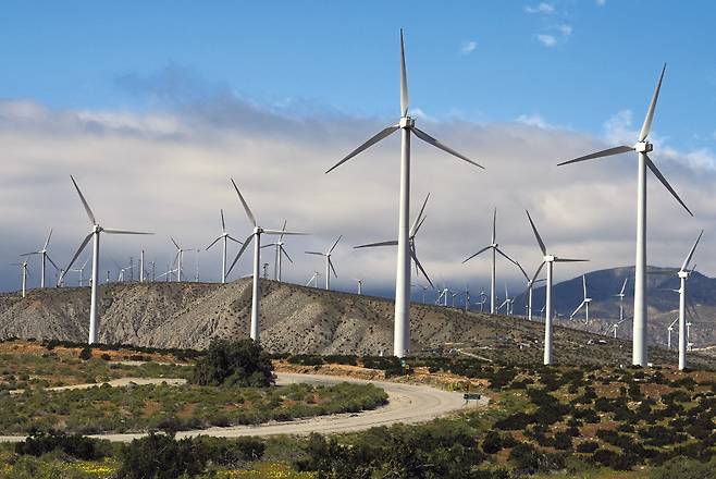 풍력발전기가 지난 3월 7일 미국 캘리포니아주 팜스프링스에서 가동되고 있다. 세계풍력에너지협의회(GWEC)의 ''글로벌 풍력 보고서 2024''에 따르면, 전 세계 풍력 산업은 지난해 117기가와트(GW)의 용량을 신규 확충하는 기록을 세웠다. 2022년 대비 50% 증가한 수치다. [AP]