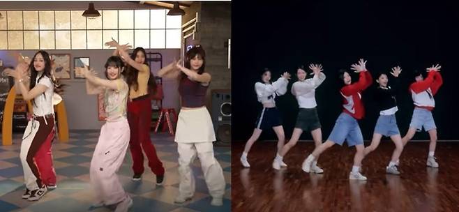 뉴진스 맥도날드 광고 캠페인의&nbsp;‘치킨댄스’(왼쪽)와 아일릿의 ‘Lucky Girl Syndrome’ 댄스가 손목을 비비는 포인트 안무를 동일하게 사용하고 있어 카피 논란이 다시 일고 있다. 유튜브 캡처