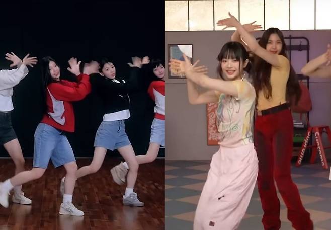 (왼) 아일릿 ‘럭키걸 신드롬’ 안무 연습 영상. (오) 뉴진스 ‘맥도날드’ 광고 퍼포먼스