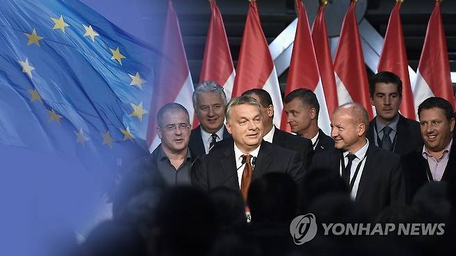 EU 깃발(왼쪽)과 헝가리 총리(왼쪽 두번째)(CG) [연합뉴스TV 제공]