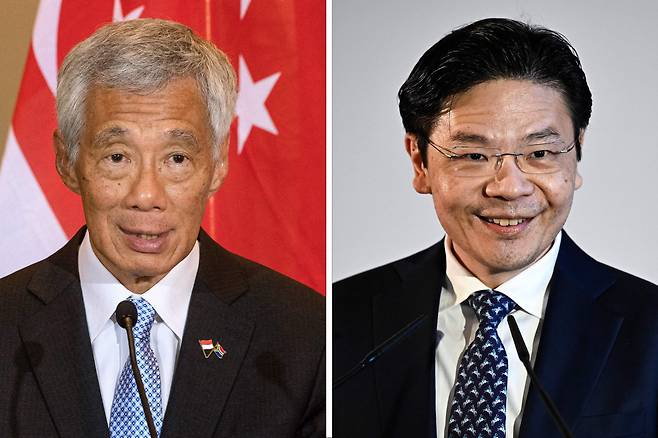 리셴룽 현 싱가포르 총리(왼쪽)와 15일 총리로 취임할 로런스 웡 싱가포르 부총리 겸 재무부 장관. / AFP 연합뉴스