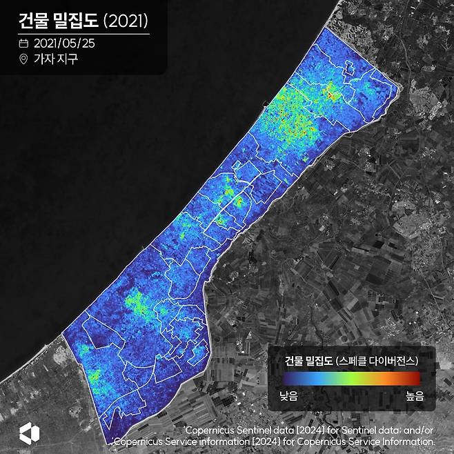 과거 전투와 현재의 위성 영상 분석 결과를 비교했을 때, 과거 전투 당시 가자 지구 남부 지역(라파)에 대한 건물 밀집도가 낮은 모습을 보였다./나라스페이스