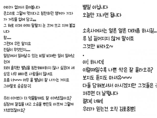 가수 김호중의 팬카페에 올라온 한 팬의 옹호 게시글. 온라인 커뮤니티 캡처