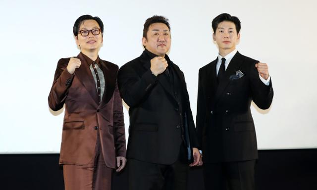 이동휘 마동석 김무열(왼쪽부터 차례로)이 '범죄도시4' 흥행 감사 쇼케이스에 참석했다. 뉴시스
