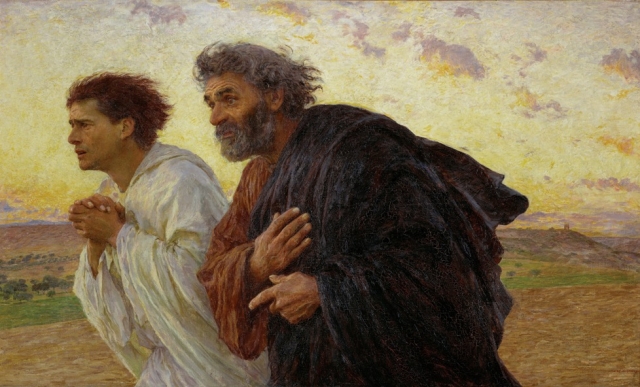 외젠 뷔르낭의 작품 '예수가 부활한 날 아침에 예수의 무덤으로 달려가는 제자 베드로와 요한'. 두 제자의 다급한 표정과 몸짓에서 사별 후 스승을 향한 사랑이 더 깊어졌음이 드러난다. 파리 오르세 미술관 소장