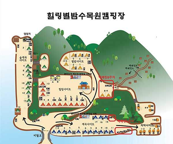 &nbsp;힐링별밤수목원캠핑장 배치도.