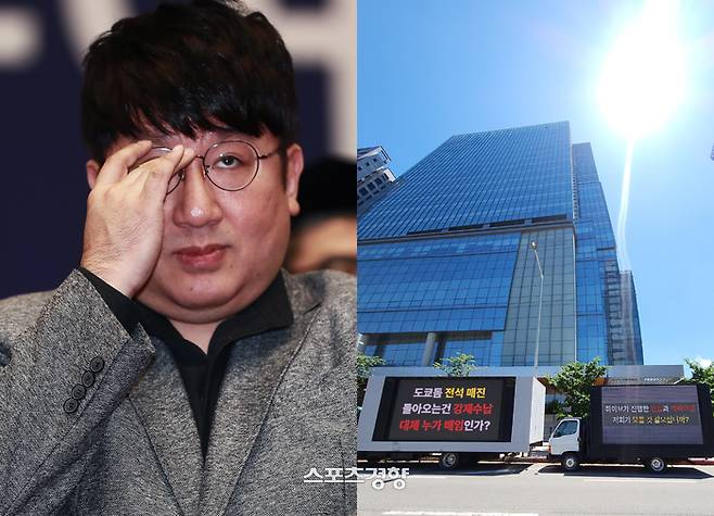 방시혁 하이브 의장(왼쪽)과 하이브 사옥 앞에서 펼쳐지고 있는 트럭 시위. 경향신문 자료사진 및 엑스 캡처