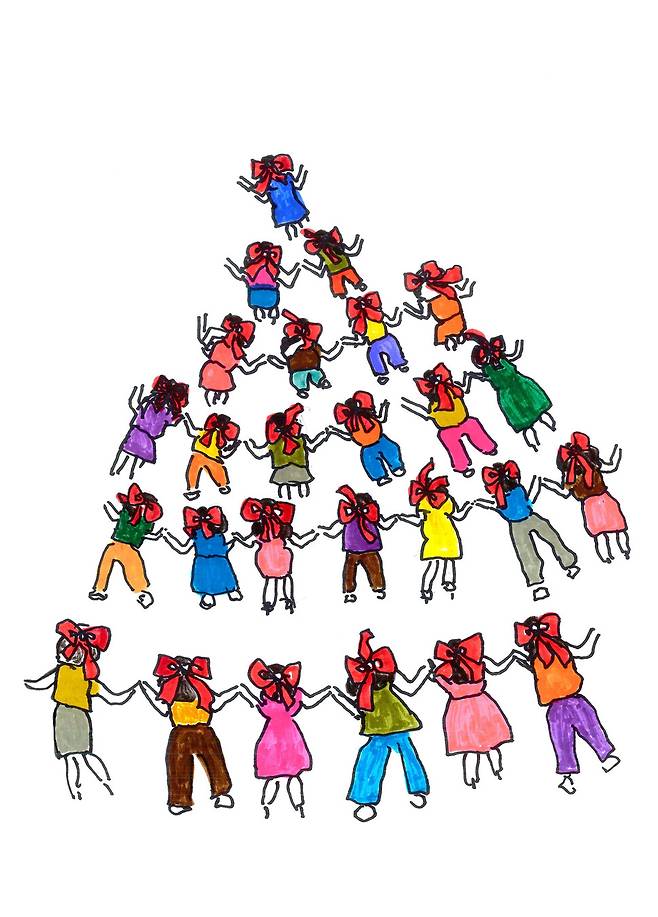 “무수한 여성들이 시위에 참여했어. 빨간 리본을 머리에 묶고 여성들이 손잡고 같이 대항하는 모습을 이렇게 그려봤어.” 오월의봄 제공