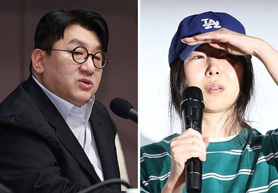 지난달 25일 긴급 기자회견에서 입장을 밝히는 민희진 어도어 대표(오른쪽 사진). 왼쪽 사진은 방시혁 하이브 이사회 의장. [중앙포토·연합뉴스]