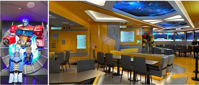 옵티머스 프라임 애니메트로닉스 거대 조각상 및 레스토랑 2층 내부 모습. /사진= 강예신기자, 김규란 PD