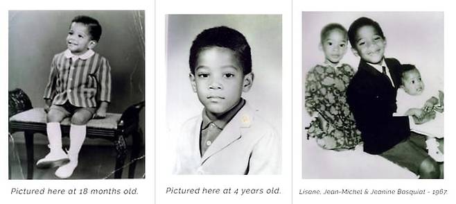 바스키아 어린 시절 모습. 왼쪽 사진부터 18개월 시절, 4세 시절, 1967년 두 여동생과 함께한 바스키아.