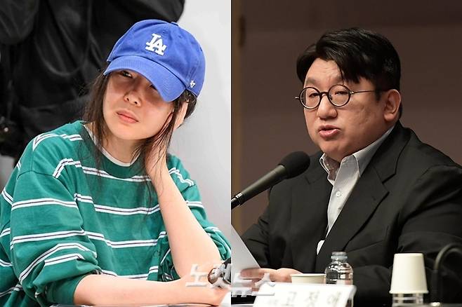 민희진(왼쪽) 어도어 대표와 방시혁 하이브 의장. 박종민 기자