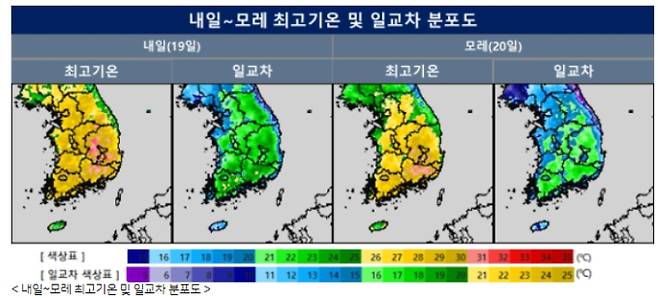 ⓒ기상청: 내일(19일)~모레(20일) 최고기온 및 일교차 분포도