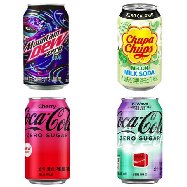 ▲ 사진 왼쪽 위부터 시계방향으로 마운틴듀 제로슈거 블루, 츄파춥스 밀크소다 제로, 코카콜라 제로 한류(K-Wave), 코카콜라 제로 체리.