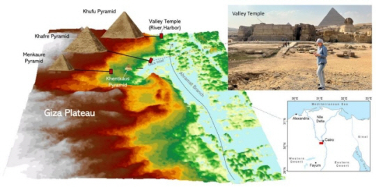 이집트 기자 피라미드 단지와 아흐라마트 지류 복원도. 연합뉴스(Eman Ghoneim et al. 제공)