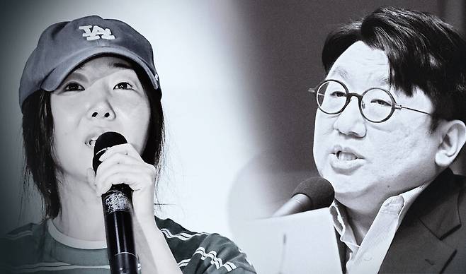 민희진 어도어 대표(오른쪽)와 방시혁 하이브 이사회 의장(오른쪽). 연합뉴스, 하이브 제공