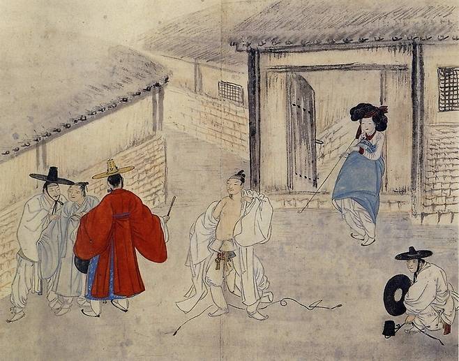 신윤복 필 풍속도화첩 중 유곽쟁웅(국보). 술은 귀중한 식량을 낭비하게 할 뿐만 아니라, 개인의 건강을 해치게 하고 폭력과 살인까지 초래하는 등 폐해가 적지않다. [간송미술관]