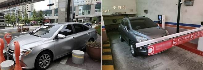 (왼쪽부터) 송도국제도시 아파트에 방치된 승용차와 인천 주차장을 일주일 동안 막은 SUV 모습 [사진=연합뉴스]