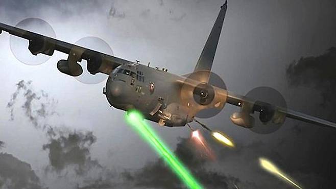 미 공군의 AC-130J에 탑재된 공중고에너지레이저(AHEL) 체계로 지상 목표물을 공격하는 상상도. 자료=미 공군 제공
