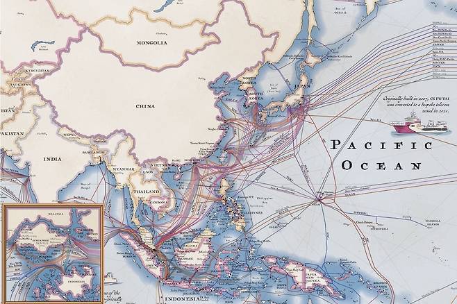 2023년 아시아태평양 지역 해저 케이블 지도. 작은 사각형 안은 권역 내에서 케이블이 가장 밀집한 싱가포르 지역. 텔레지오그라피