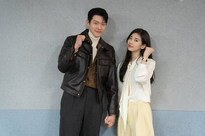 In this photo distributed by Netflix on Monday, Kim Woo-bin (left) and Bae Suzy pose for a photo. (Netflix)