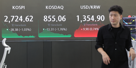 Screens in Hana Bank's trading room in central Seoul show how the stock markets closed on Friday. [YONHAP]