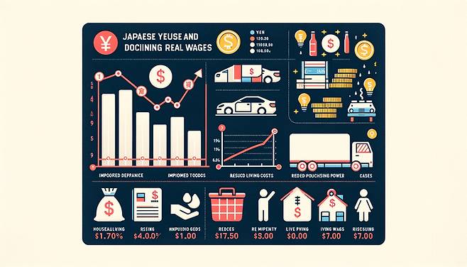 챗 GPT 4o가 엔저와 실질임금 감소 등 일본의 경제상황을 그래픽으로 형상화한 것.