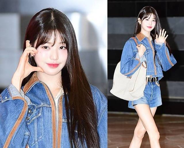 장원영은 청청 패션을 완벽하게 소화하며 우월한 비율을 뽐냈다.  사진=김영구 기자