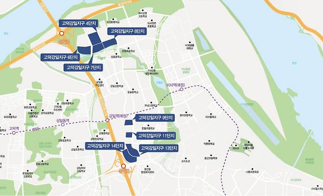 SH공사가 강동구 고덕강일 공공주택지구와 서초구 내곡도시형생활주택 단지 내 상가를 공급한다. 사진은 고덕강일지구 해당 단지 위치도. /사진=SH공사