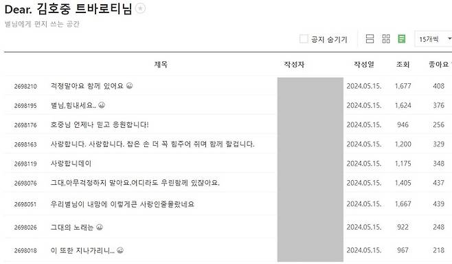 트로트 가수 김호중의 공식 팬클럽에 지난 15일 올라온 팬들의 글. 김호중 팬클럽 커뮤니티 캡처