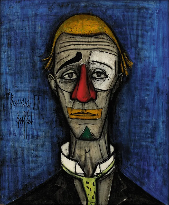 베르나르 뷔페 ‘광대의 얼굴(Tete de clown, 1955),’ Huile sur toile, 73x60cm, (C) Bernard Buffet