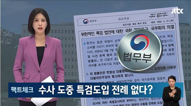 ▲JTBC가 21일 뉴스룸에서 법무부가 채상병 거부권 행사 논리로 든 수사도중 특검이 전례없다는 입장을 두고 지금까지 15번의 특검가운데 10번의 특검이 수사중에 이뤄졌다고 반박하고 있다. 사진=JTBC 뉴스룸 영상 갈무리