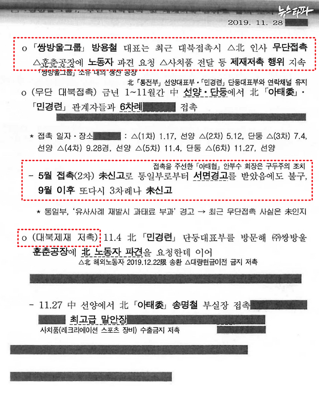 2019년 11월 28일자 국정원 보고서 문건. '쌍방울그룹 무단 대북접촉 및 제재저촉 행위로 물의 소지'란 제목이다. 블랙요원 김 씨가 아닌 국정원의 다른 요원이 작성했다. 검찰은 김 씨 외에 다른 요원들은 법정에 증인으로 부르지 않았다.&nbsp;&nbsp;