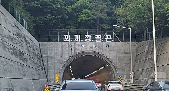 부산 도시고속도로 대연터널 위에 '꾀·끼·깡·꼴·끈' 문구가 내걸려 있다(온라인 커뮤니티 갈무리)