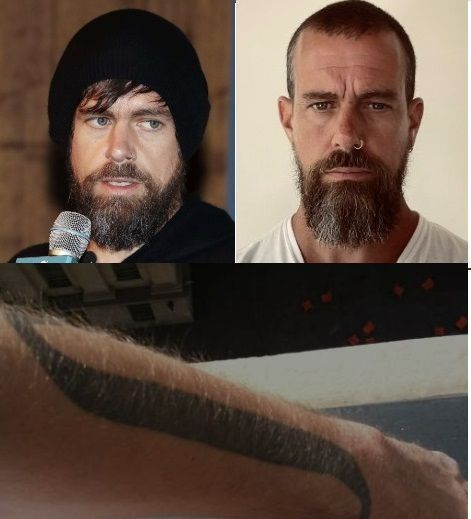 잭 도시의 트위터 CEO시절 사진(왼쪽)과 현재(오른쪽, X계정 프로필사진) 모습. 아래는 잭 도시의 팔에 있는 문신