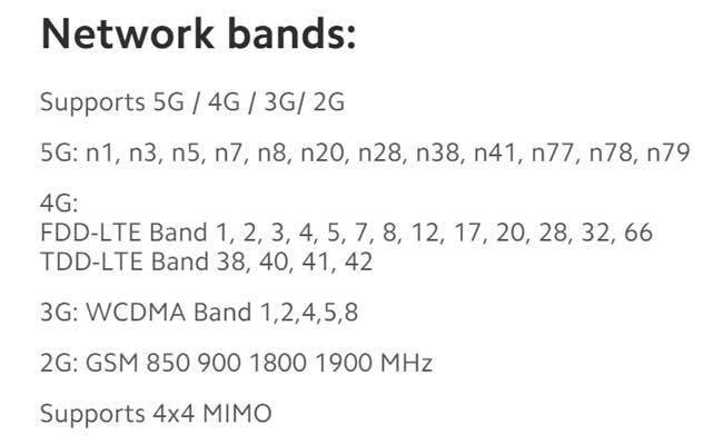 샤오미 홈페이지에 기재된 Mi 11 단말기의 지원 주파수 내역 / 출처=샤오미