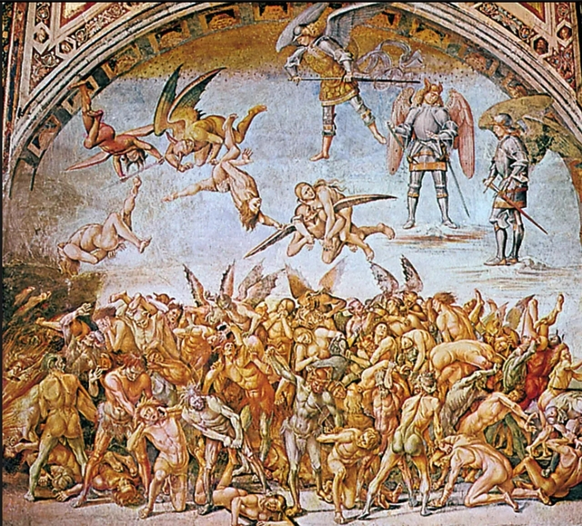 이탈리아 화가 루카 시뇨렐리(1445~1523)의 벽화 ‘저주받은 자들’의 일부. 최후의 심판과 함께 지옥에 떨어지는 영혼들을 표현했다. 국민일보DB