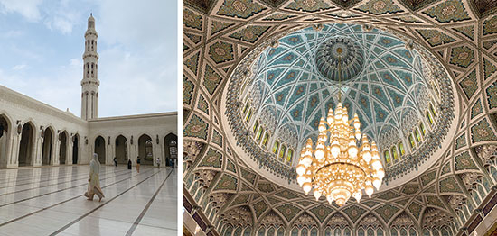 독특한 첨탑과 돔 장식이 특징인 술탄 카부스 그랜드 모스크, 기도실을 장식한 눈이 부실 정도의 화려한 샹들리에와 카펫