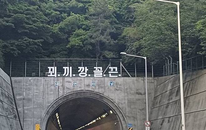 부산 도시고속도로 대연터널 위에 '꾀끼깡꼴끈'이란 정체불명의 문구가 등장했다. (출처=온라인 커뮤니티) *재판매 및 DB 금지