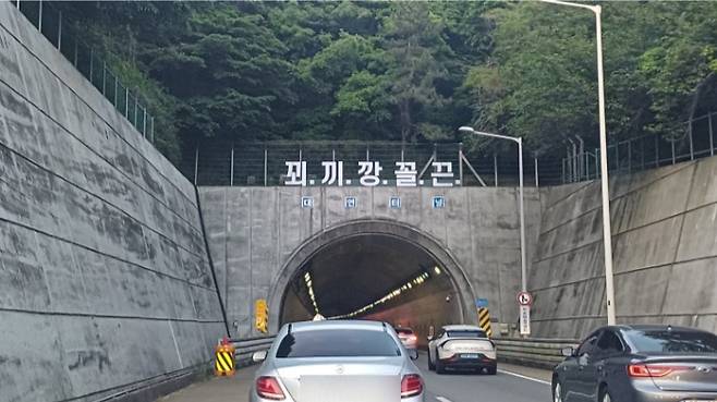 대연터널 위 게시된 '꾀·끼·깡·꼴·끈' 기획물. 온라인 커뮤니티 캡처