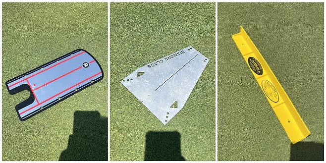 황유민은 왼쪽 거울 플레이트를 활용해 눈 위치를 정렬하고, 가운데 은색 플레이트로는 공 스타트 라인을 확인한다. 노란색 플레이트로는 일정한 퍼트 스트로크 연습을 한다.(사진=지애드스포츠 제공)