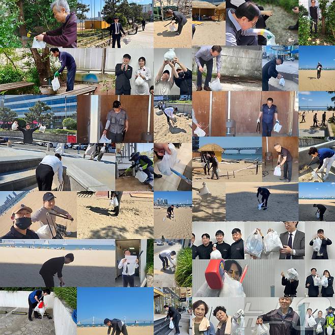 호텔 아쿠아펠리스 직원들이 부산 광안리 해변 정화활동을 하고 있다(아쿠아팰리스 제공)
