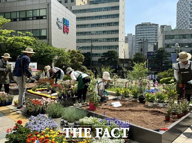 서울 중구(구청장 김길성) 마을정원사 교육생들이 23일 구청 앞 광장에 작은 정원을 조성하는 모습. /중구