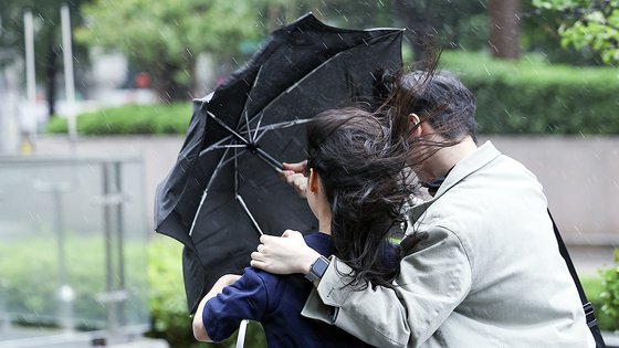 지난 11일 오후 서울 종로구 도심을 지나는 한 시민들이 강한 바람에 위태로운 모양의 우산에 의지한 채 발걸음을 재촉하고 있다. 뉴스1