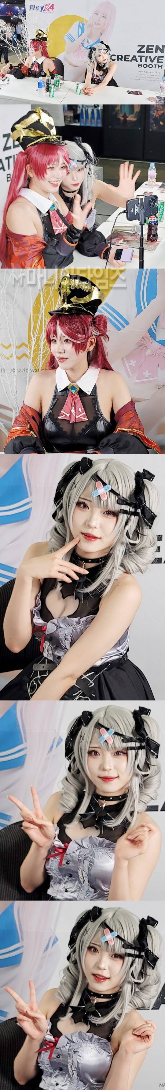 코스프레 사인회가 진행 중인 ZEN CREATIVE 부스의 코스어 나리(붉은 머리), 시루(흰 머리). 이들은 유튜브 현장 중계 방송도 진행 중인 듯 했다. 참고로 해당 사진은 코스어들의 허락을 받고 촬영했다. 사진 : 이동근 기자