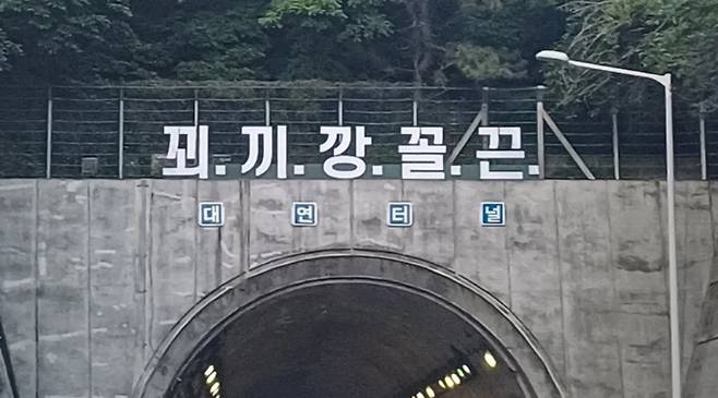 부산 대연터널 입구 위 '꾀.끼.깡.꼴.끈' 문구. 온라인 커뮤니티 캡처