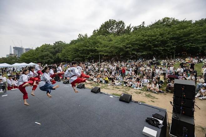 광진구민의 날과 광진가족페스티벌이 동시에 열린 25일, 관내 태권도 시범단이 공연을 펼치고 있다. 광진구 제공.