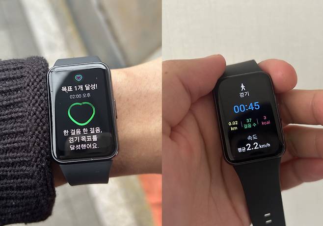 갤럭시 핏3는 운동 목표 달성을 알려준다(왼쪽). 실시간으로 운동 데이터를 측정할 수 있다./김민국 기자