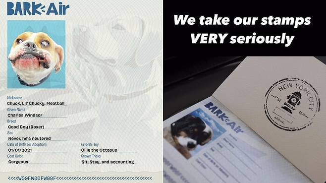 반려견 항공 서비스 이용 시 제공되는 특별한 소장품 '반려견 여권'. 이곳에 다녀갔다는 인증용 스탬프도 찍어준다. (사진=@barkair 인스타그램)