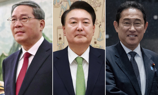 리창 중국 총리(왼쪽부터), 윤석열 대통령, 기시다 후미오 일본 총리. 연합뉴스